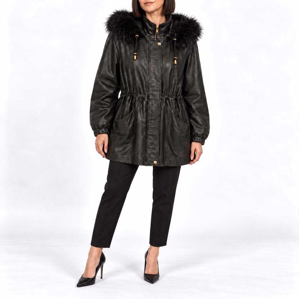 Black Lambskin Leather Parka Fox Fur Hood Cinched Waist Worthington
